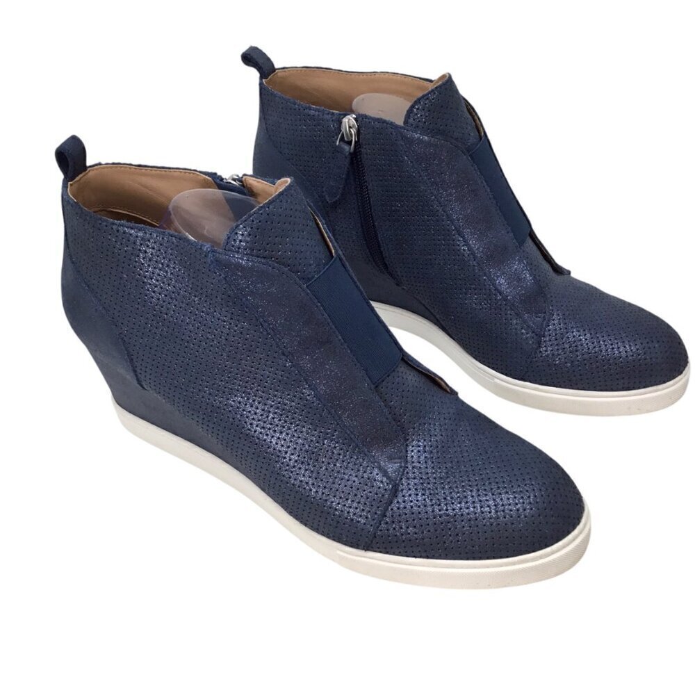 Linea Paolo Wedge Sneakers Platform Boots Booties Blue Metallic Side Zip Sz 12